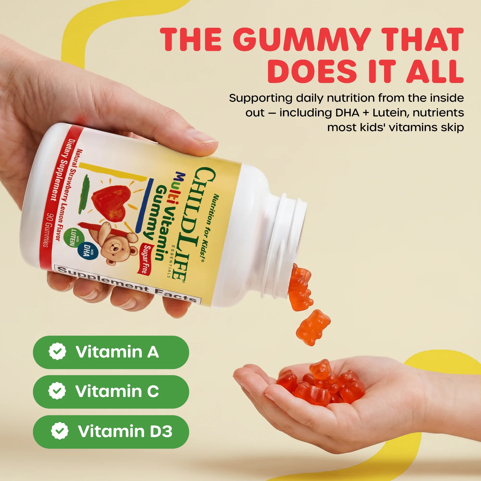 A hand holds a bottle of ChildLife Multi-Vitamin Gummy vitamins, with red gummy bears pouring onto another hand. The image includes text highlighting key benefits: Vitamin A, Vitamin C, and Vitamin D3.