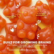 Close-up of gummy bear supplements with overlaid text reading 'Supports Eye Health' and 'Fuels Brain Development' plus 'Built for Growing Brains' and 'DHA + Lutein'.