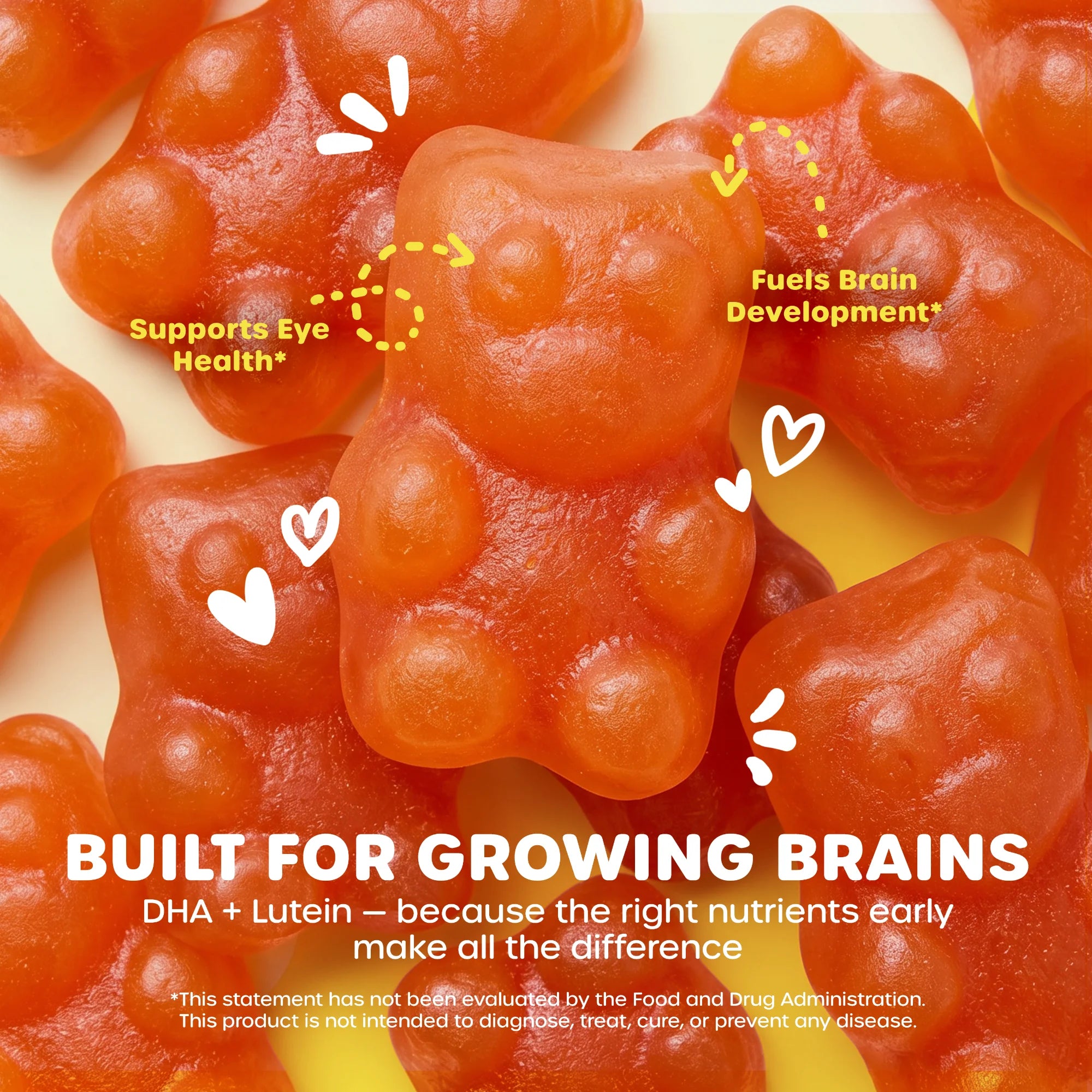 Close-up of gummy bear supplements with overlaid text reading 'Supports Eye Health' and 'Fuels Brain Development' plus 'Built for Growing Brains' and 'DHA + Lutein'.