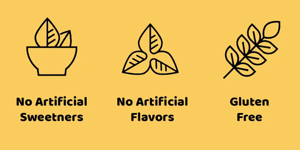 Three icons indicating 'No Artificial Sweeteners', 'No Artificial Flavors', and 'Gluten Free'.