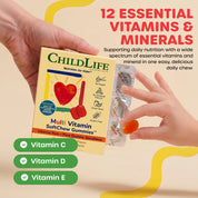 A person holds a box of ChildLife Essentials Multi-Vitamin SoftChew Gummies with text highlighting 12 essential vitamins and minerals