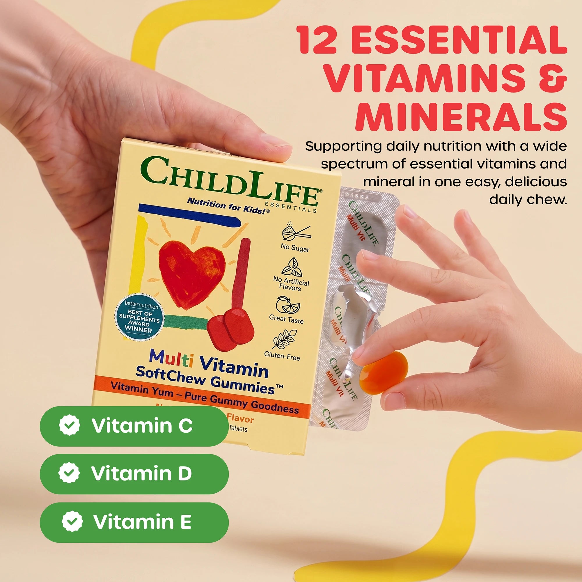 A person holds a box of ChildLife Essentials Multi-Vitamin SoftChew Gummies with text highlighting 12 essential vitamins and minerals