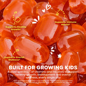 Close-up of ChildLife Multi Vitamin SoftChew Gummies with text Built for Growing Kids.