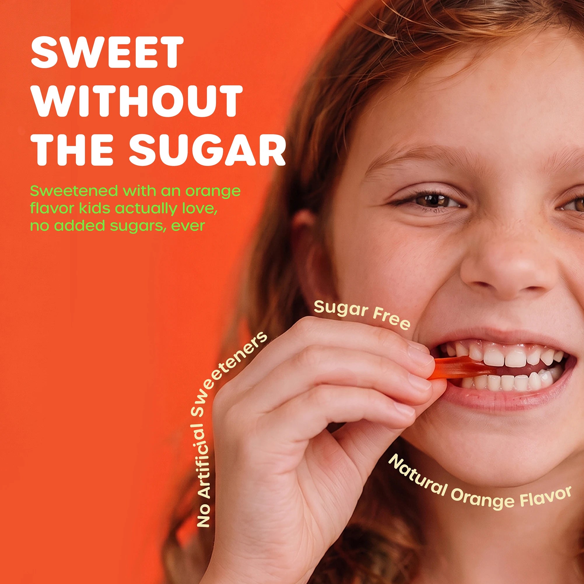 A close-up of a child taking bite of a ChildLife Multi Vitamin SoftChew Gummy with text about sugar-free orange flavor sweeteners.