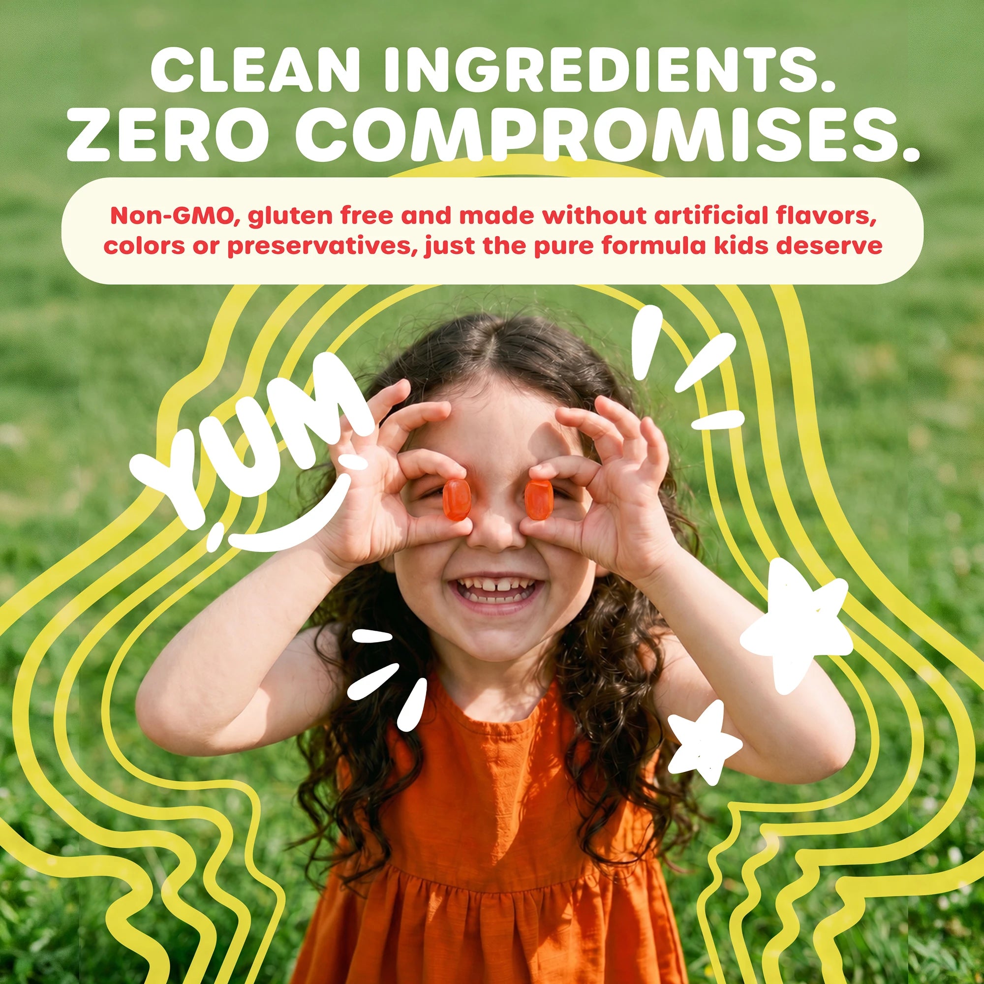 A smiling young girl with text Clean Ingredients. Zero Compromises.