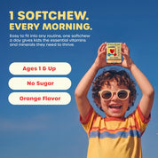 A smiling child in sunglasses holds a bottle of ChildLife Multi Vitamin SoftChew Gummies above their head. Large text reads '1 SOFTCHEW. Every Morning.'