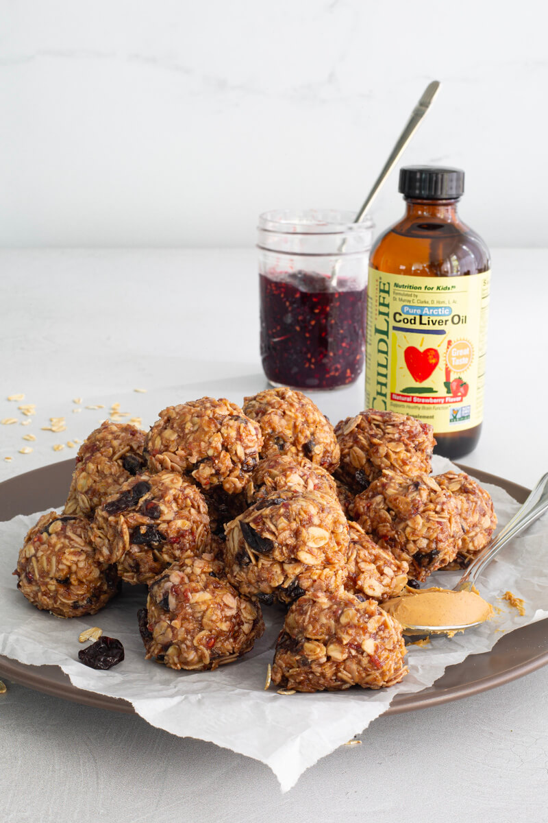 childlife essentials no-bake PB and J bites with added cod liver oil for kids brain health